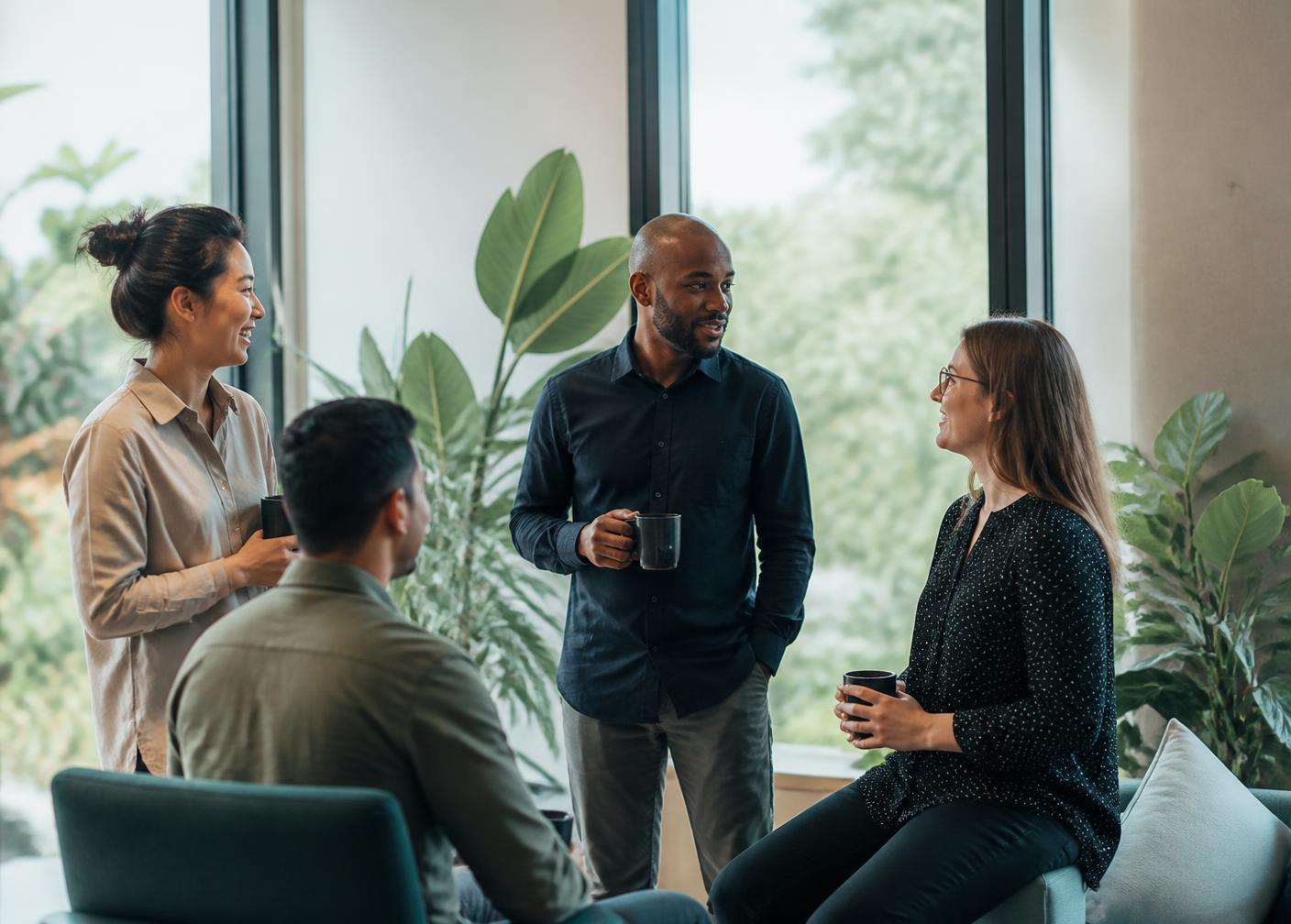 Colleagues talking in a calm, plant-filled workplace