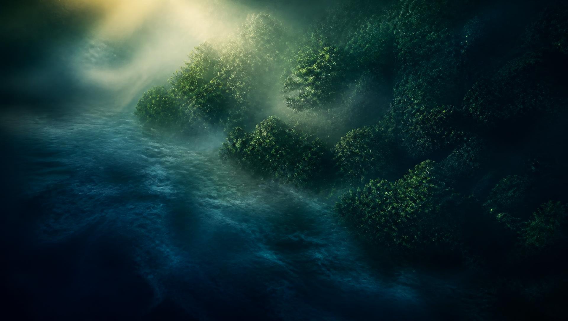 Mist drifting over a forest river at dawn